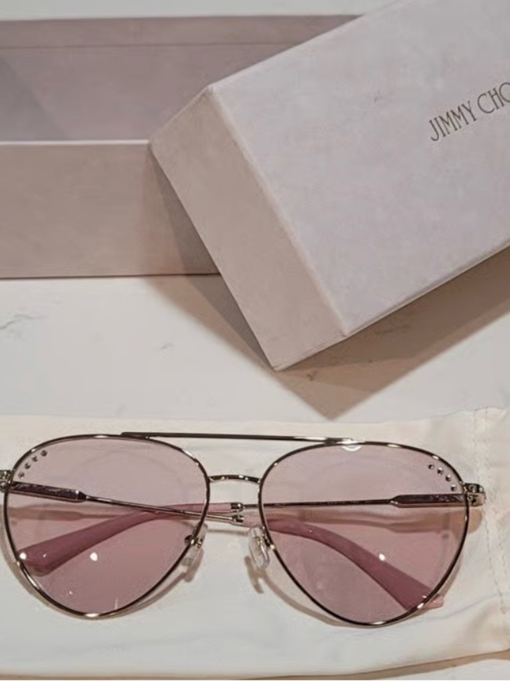 Jimmy Choo Pink-Tinted Aviator Sunglasses with Silver Frame